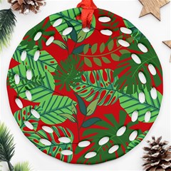 Leaves Leaf Nature Pattern Red Green Ornament (round Filigree)