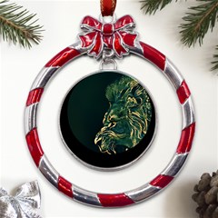 Angry Male Lion Metal Red Ribbon Round Ornament by Cowasu