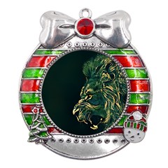 Angry Male Lion Metal X mas Ribbon With Red Crystal Round Ornament by Cowasu