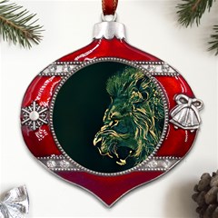 Angry Male Lion Metal Snowflake And Bell Red Ornament