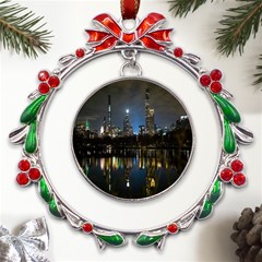 New York Night Central Park Skyscrapers Skyline Metal X mas Wreath Ribbon Ornament by Cowasu