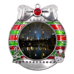 New York Night Central Park Skyscrapers Skyline Metal X mas Ribbon With Red Crystal Round Ornament by Cowasu