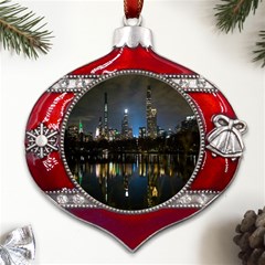 New York Night Central Park Skyscrapers Skyline Metal Snowflake And Bell Red Ornament by Cowasu