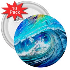 Tsunami Waves Ocean Sea Nautical Nature Water Painting 3  Buttons (10 Pack)  by Cowasu