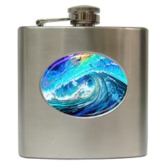 Tsunami Waves Ocean Sea Nautical Nature Water Painting Hip Flask (6 Oz) by Cowasu