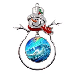 Tsunami Waves Ocean Sea Nautical Nature Water Painting Metal Snowman Ornament by Cowasu