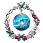 Tsunami Waves Ocean Sea Nautical Nature Water Painting Metal X mas Wreath Holly leaf Ornament Front