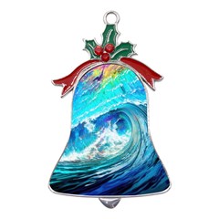 Tsunami Waves Ocean Sea Nautical Nature Water Painting Metal Holly Leaf Bell Ornament by Cowasu