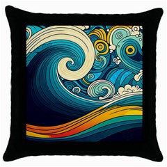 Waves Wave Ocean Sea Abstract Whimsical Abstract Art Throw Pillow Case (black) by Cowasu