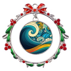 Waves Wave Ocean Sea Abstract Whimsical Abstract Art Metal X mas Wreath Ribbon Ornament by Cowasu