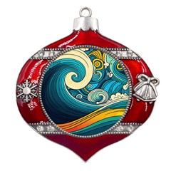 Waves Wave Ocean Sea Abstract Whimsical Abstract Art Metal Snowflake And Bell Red Ornament by Cowasu