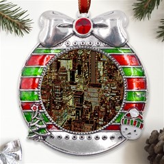 New York City Nyc Skyscrapers Metal X mas Ribbon With Red Crystal Round Ornament by Cowasu