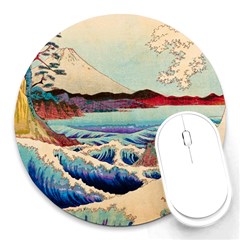 Wave Japanese Mount Fuji Woodblock Print Ocean Round Mousepad by Cowasu