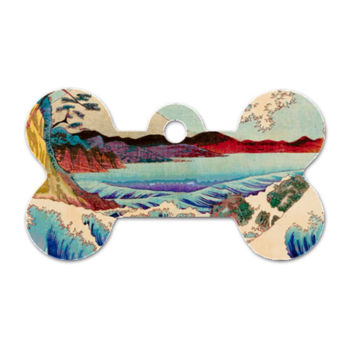 Wave Japanese Mount Fuji Woodblock Print Ocean Dog Tag Bone (Two Sides)