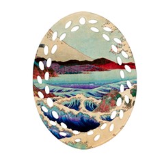 Wave Japanese Mount Fuji Woodblock Print Ocean Ornament (oval Filigree) by Cowasu