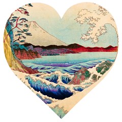 Wave Japanese Mount Fuji Woodblock Print Ocean Wooden Puzzle Heart by Cowasu