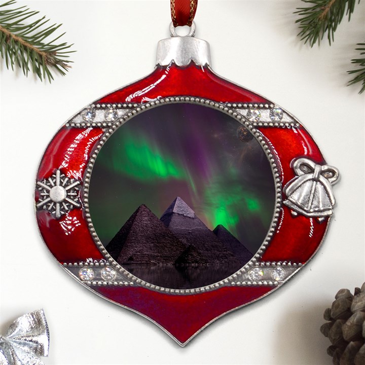 Fantasy Pyramid Mystic Space Aurora Metal Snowflake And Bell Red Ornament