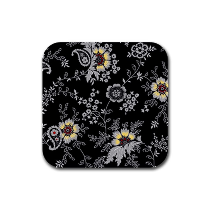 White And Yellow Floral And Paisley Illustration Background Rubber Square Coaster (4 pack)