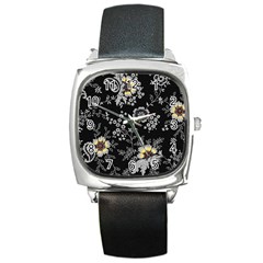 White And Yellow Floral And Paisley Illustration Background Square Metal Watch