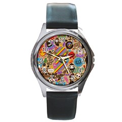 Multicolored Doodle Art Wallpaper Round Metal Watch by Cowasu