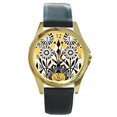 Flowers Pattern Round Gold Metal Watch by danenraven