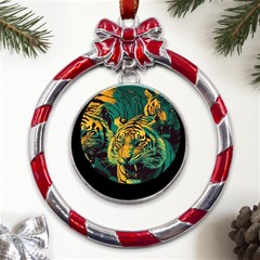 Tiger Metal Red Ribbon Round Ornament by danenraven