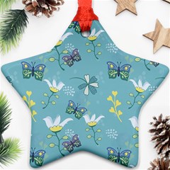 Butterfly Flower Blue Background Ornament (star)