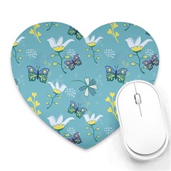 Butterfly Flower Blue Background Heart Mousepad by danenraven