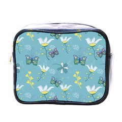 Butterfly Flower Blue Background Mini Toiletries Bag (one Side) by danenraven