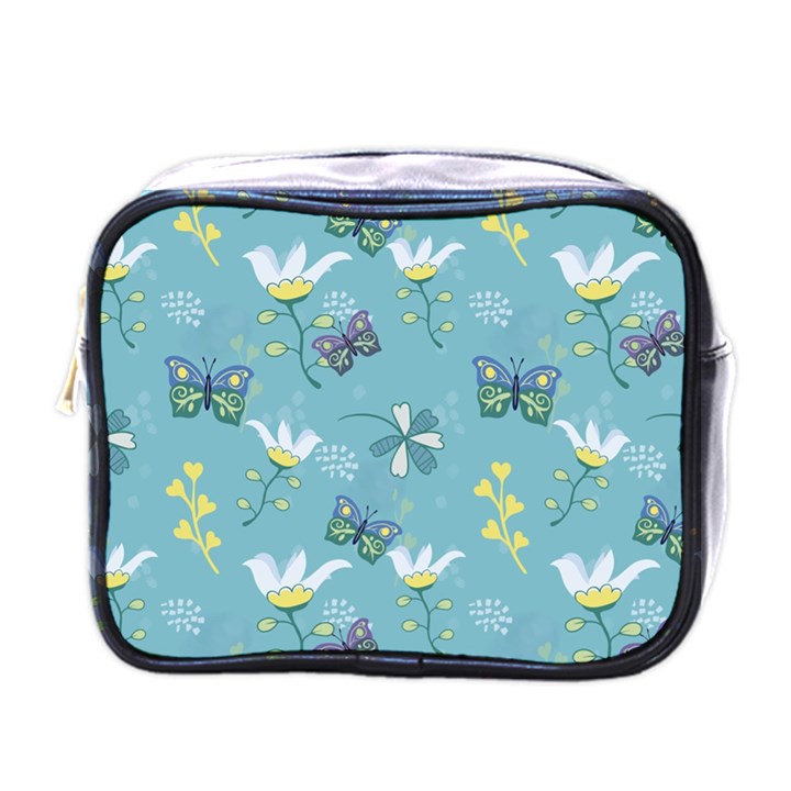 Butterfly Flower Blue Background Mini Toiletries Bag (One Side)