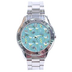 Butterfly Flower Blue Background Stainless Steel Analogue Watch by danenraven