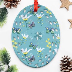 Butterfly Flower Blue Background Oval Filigree Ornament (two Sides)