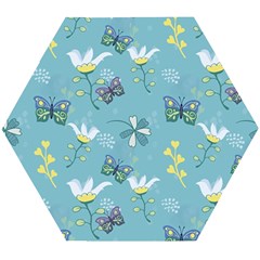 Butterfly Flower Blue Background Wooden Puzzle Hexagon by danenraven