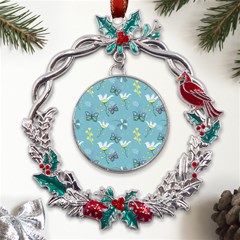 Butterfly Flower Blue Background Metal X mas Wreath Holly Leaf Ornament