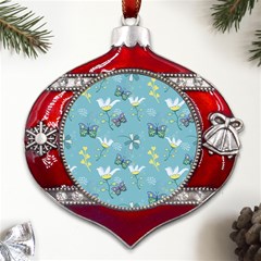 Butterfly Flower Blue Background Metal Snowflake And Bell Red Ornament