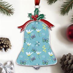 Butterfly Flower Blue Background Metal Holly Leaf Bell Ornament