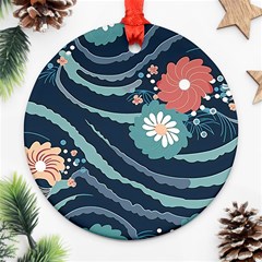 Waves Flowers Pattern Water Floral Minimalist Round Ornament (two Sides)