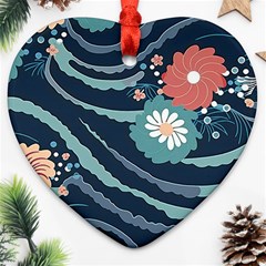 Waves Flowers Pattern Water Floral Minimalist Heart Ornament (two Sides)