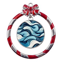 Pattern Ocean Waves Arctic Ocean Blue Nature Sea Metal Red Ribbon Round Ornament by danenraven