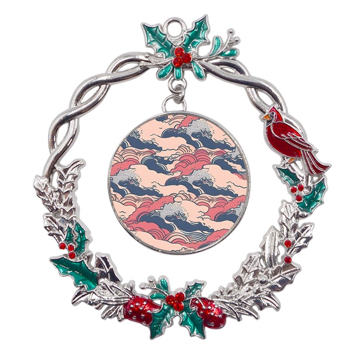 Waves Ocean Sea Water Pattern Rough Seas Metal X mas Wreath Holly leaf Ornament