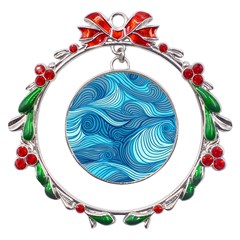 Ocean Waves Sea Abstract Pattern Water Blue Metal X mas Wreath Ribbon Ornament by danenraven