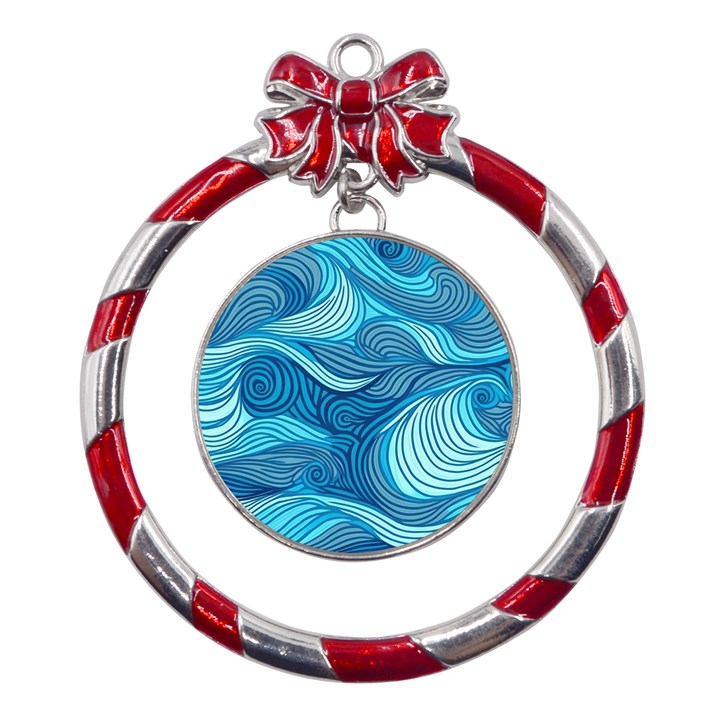 Ocean Waves Sea Abstract Pattern Water Blue Metal Red Ribbon Round Ornament