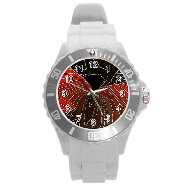 Red Gold Black Voracious Plant Leaf Round Plastic Sport Watch (L)