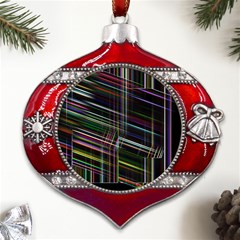 False Prismatic Black Background Metal Snowflake And Bell Red Ornament