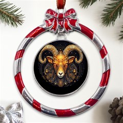 Aries Star Sign Metal Red Ribbon Round Ornament by Bangk1t