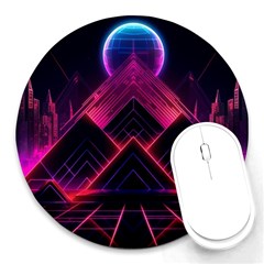 Synthwave City Retrowave Wave Round Mousepad by Bangk1t