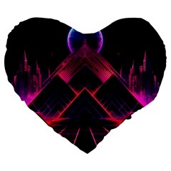 Synthwave City Retrowave Wave Large 19  Premium Flano Heart Shape Cushions by Bangk1t