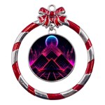 Synthwave City Retrowave Wave Metal Red Ribbon Round Ornament Front