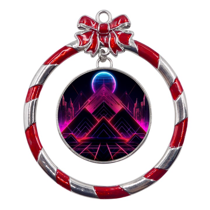 Synthwave City Retrowave Wave Metal Red Ribbon Round Ornament