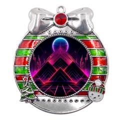 Synthwave City Retrowave Wave Metal X mas Ribbon With Red Crystal Round Ornament by Bangk1t